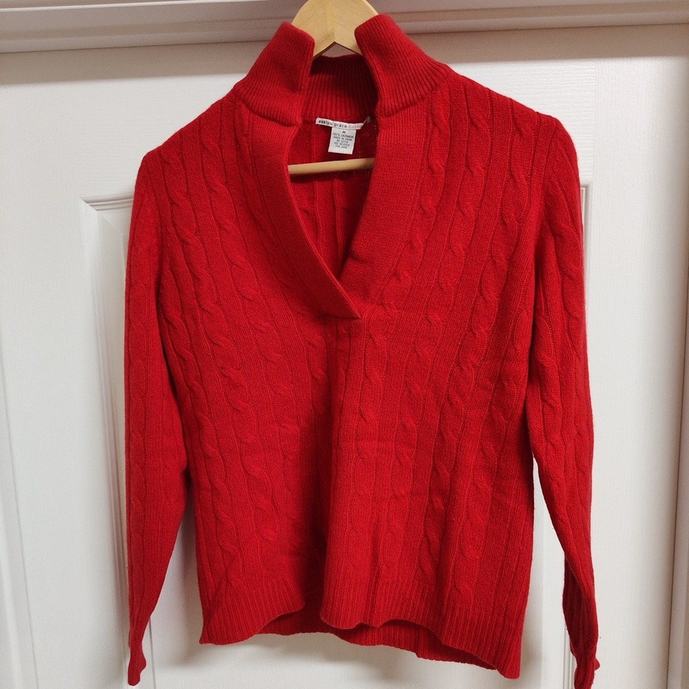 Evelyn Grace Red 100% Cashmere Cable Knit‎ Split Mock Neck Pullover Sweater M